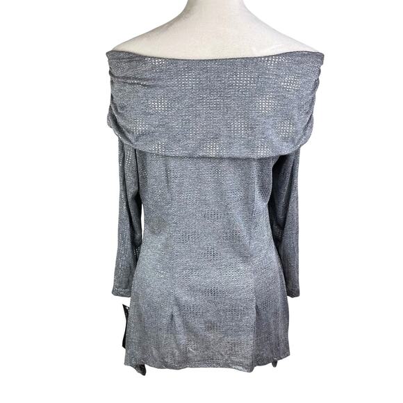 Frank Lyman NWT Dark Gray Silver Metallic Off the Shoulder Ruched Jewel Top - Picture 3 of 12